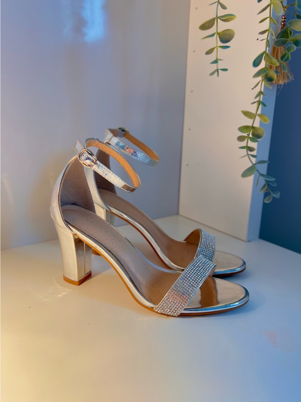 Silver Rhinestone Ankle-Strap Block Heel Sandals